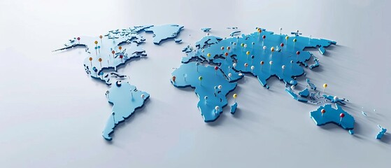 3D world map with colorful pins marking various locations. Perfect for global business, travel, and geography concepts.