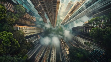 Aerial view of skyscrapers rising above lush greenery with clouds rolling in, creating a stunning urban jungle landscape.