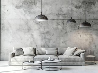 Modern minimalist sofa against a concrete wall with two coffee tables, a gray fabric couch and metal pendant lamps on a white floor in the interior design of a modern home living room