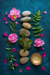Balanced Wellness Concept with Smooth Stones, Fresh Herbs, and Blooming Flowers on a Textured Blue Background