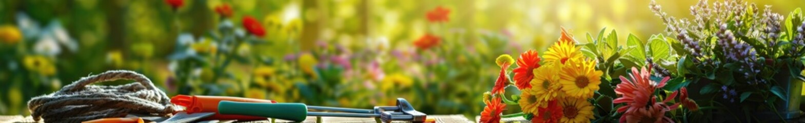 Gardening tools and utensils in a green meadow, garden maintenance, landscaping and hobby ideas. Sunlight.