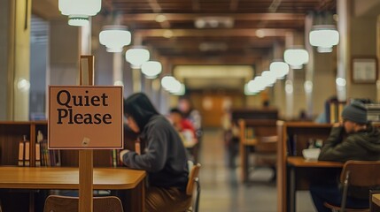 A "Quiet Please" sign in a library, students studying quietly.