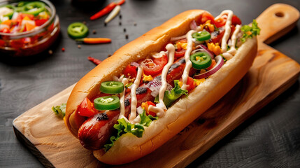 hot dog with sauce and peppers