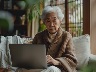 Elderly Asian Woman Using Laptop in Cozy Living Room, Engaged in Online Social Interaction