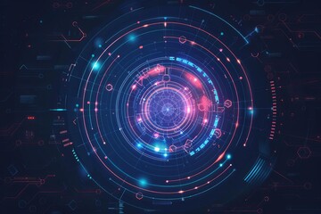 Obraz premium Circular tech hub graphic with interconnected lines and digital elements