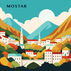 Mostar retro city poster with abstract shapes of skyline, buildings. Bosnia and Herzegovina town vintage travel vector illustration with cityscape