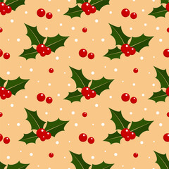 Seamless background with holly berries. Christmas pattern.Vector illustration.