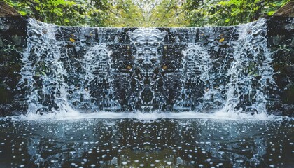 Cascading waterfall droplets form a symmetrical pattern, providing a tranquil backdrop for text overlay.