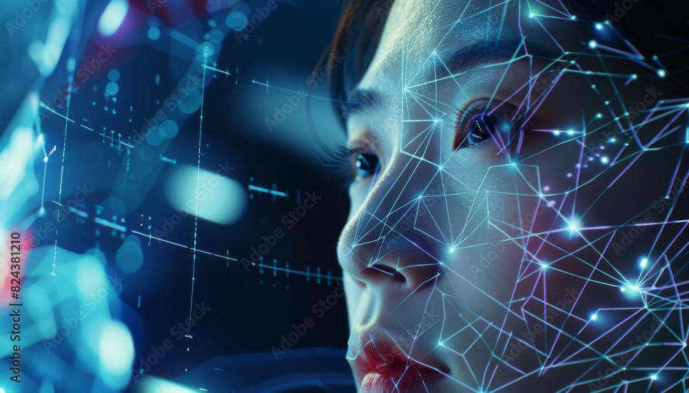 Poster close-up of advanced facial recognition system in action