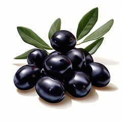 Black olives with leaves isolated on transparent or white background | Generative AI