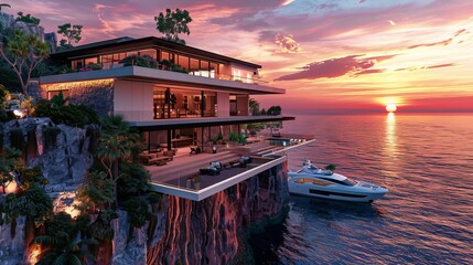Obraz premium A luxurious villa perched on the edge of a cliff, offering stunning ocean views with a yacht moored at the bottom, all under a beautiful sunset.