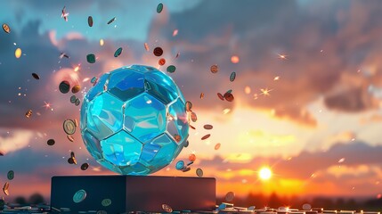 A mythical 3D image featuring a blue glass soccer ball on a podium, set against a sunset backdrop with additional elements of coins and another ball flying in the sky, devoid of trees.