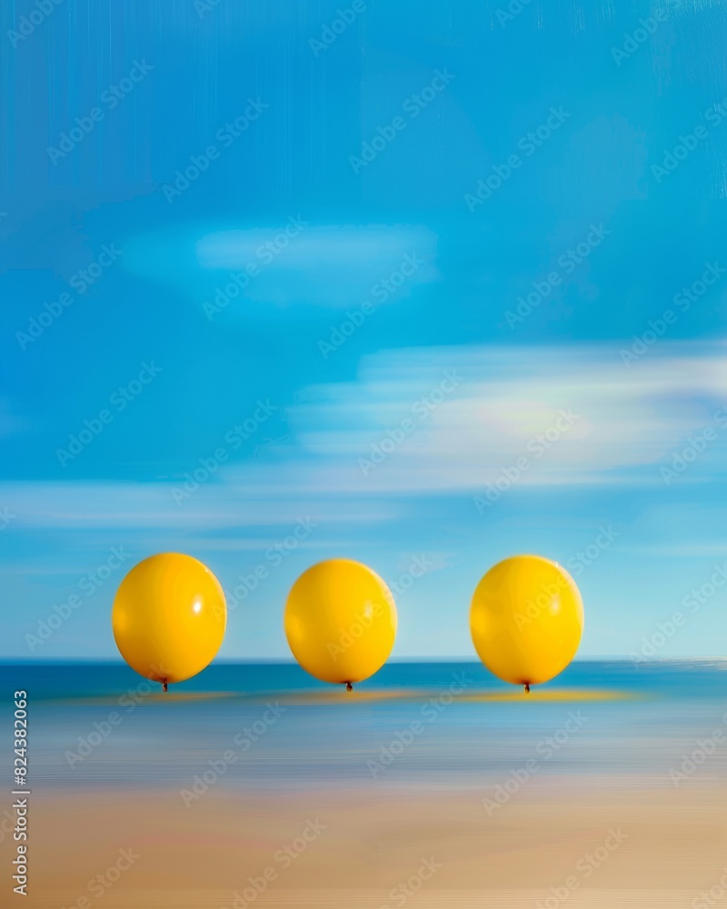 Poster Abstract Artistic Display of Three Yellow Balloons in the Blue Sky: Symmetrical Composition with Long Exposure and Soft Tones