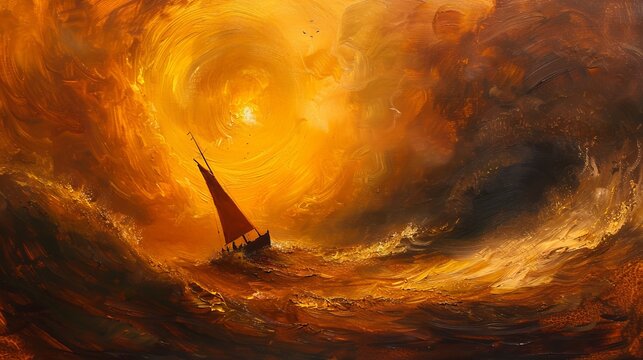 An oil painting depicting a ship sailing through a storm towards a rising sun, reminiscent of the style of William Turner.