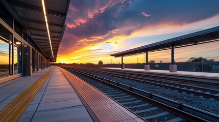 An outdoor photo of a contemporary train platform bathed in the soft light of sunset.
