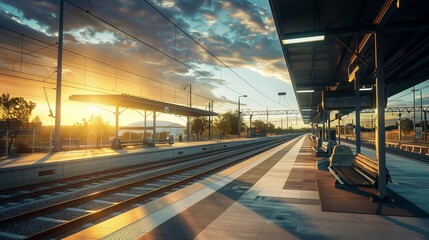 An outdoor photo of a contemporary train platform bathed in the soft light of sunset.