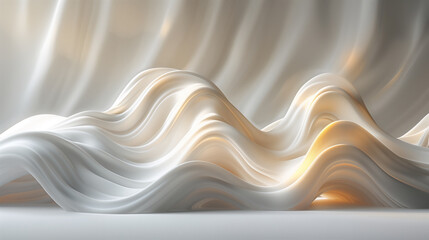 abstract geometric flowing white background, layered, wavy shapes in creamy white with warm golden light, creating a serene and flowing appearance