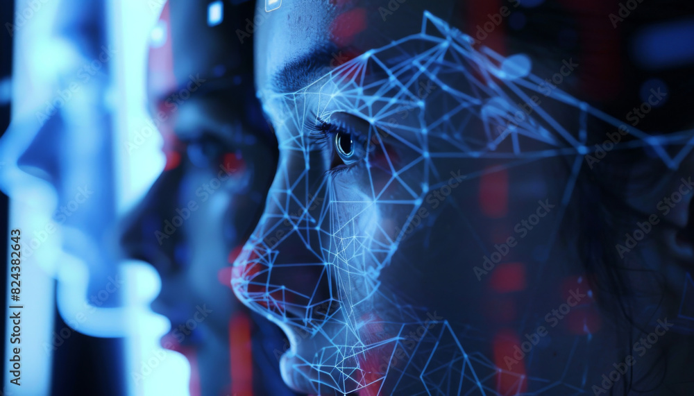 Poster close-up of advanced facial recognition system in action