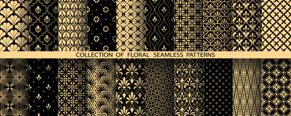 Geometric floral set of seamless patterns. Golden and black vector backgrounds. Damask graphic ornaments