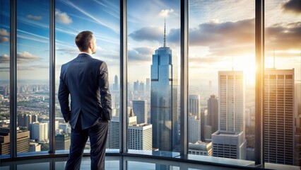 Corporate Strategy Review: A business leader contemplating corporate strategies while looking at a city skyline from a high-rise office, symbolizing leadership and foresight.	
