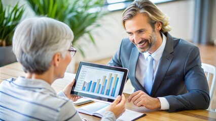 Financial Advisor with Client: A financial advisor showing digital financial projections on a tablet to an attentive client, focusing on personalized financial services.	
