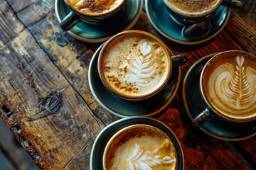 Coffee cups with latte art on wooden table. Top view, Multiple cups of coffee with design , AI generated