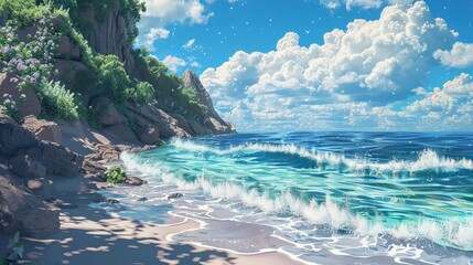 Fototapeta premium A soothing 3D anime art of the sea and land.