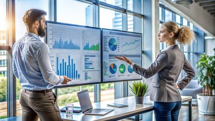 Creative Financial Design: Two designers collaborating on financial infographic designs on a large, digital interface in a modern workspace, combining creativity with finance.	
