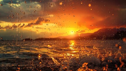 An action photo capturing a realistic sunset with dramatic lighting and rain.