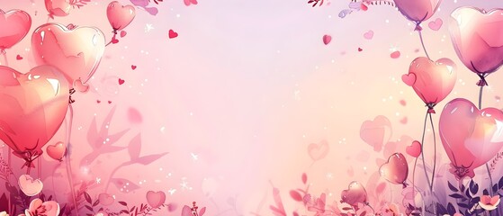 Dreamy Watercolor Valentine s Day Floral Border and Balloons for Text Overlay