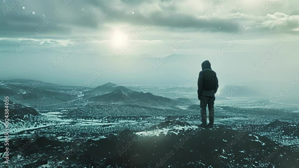 Poster a somber figure stands alone in a desolate landscape representing the isolated mindset that could re