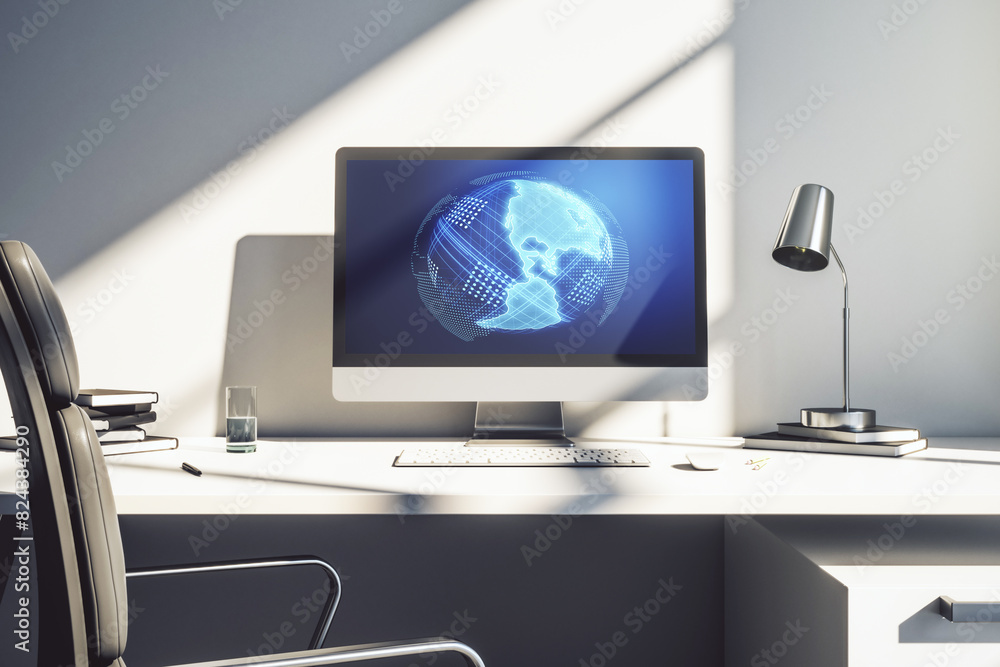 Poster modern computer monitor with america map, research and strategy concept. 3d rendering