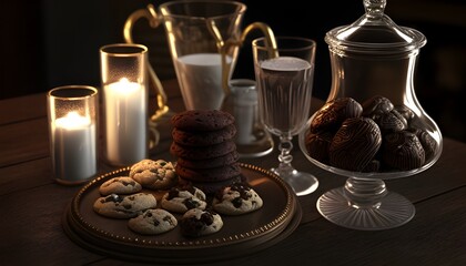 Captivating 3D Rendered Cinematic Display of Intimate Evening Desserts Chocolate Cookies Milk and Truffles