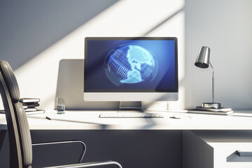 Modern computer monitor with America map, research and strategy concept. 3D Rendering