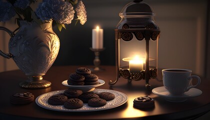 Cozy Nighttime Dessert Display with Gourmet Treats and Warm Candlelight