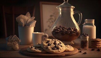 Vintage Inspired Culinary Still Life with Gooey Chocolate Chip Cookies Whole Milk and Premium Baking Chocolate