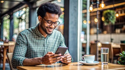 Mobile Microfinance – Man Using Banking App: A young man in a coffee shop checking his loan status on a mobile banking app, reflecting the accessibility of microfinance services.	
