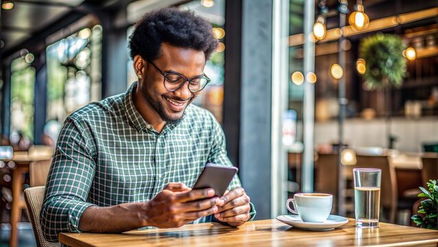 Mobile Microfinance – Man Using Banking App: A young man in a coffee shop checking his loan status on a mobile banking app, reflecting the accessibility of microfinance services.	
