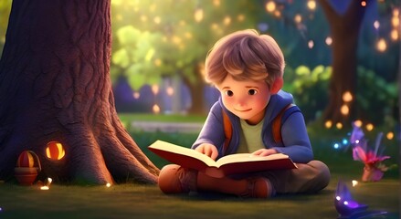 A charming young child sits outside in a park at a tree, opens a book of fairy tales and fantasy, and uses his youthful imagination to enter a magical and creative world.