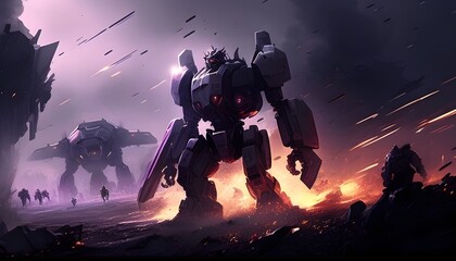 Cutting Edge Futuristic Battlefield with Advanced Mechs and Soldiers Engaged in Brutal Combat Under a Dramatic Atmosphere