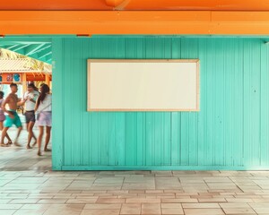 Vibrant Tropical Beach Club Scene with Motion-Blurred People Passing by a Turquoise Wooden Wall with Empty Poster Space