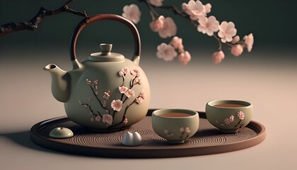Serene Sakura Inspired Matcha Latte Still Life on Minimalist Japanese Ceramic Tableware