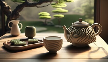 Elegant Matcha Latte Artwork Showcased in Traditional Japanese Tea Setting with Bonsai Garden View
