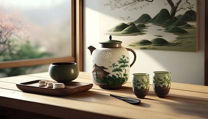 Tranquil Matcha Latte Moment with Traditional Japanese Tea Set in Serene Zen Garden Atmosphere