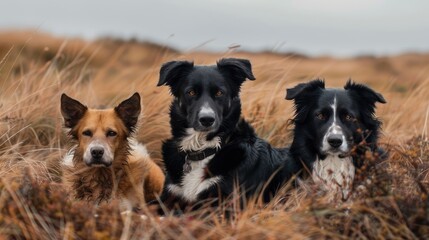 Three amicable dogs resting in a field