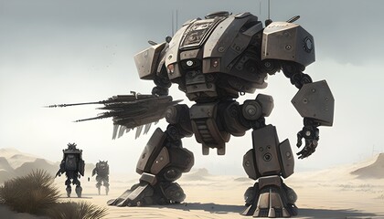 Massive Mecha Tank Hybrid with Futuristic Soldiers in Post Apocalyptic Wasteland