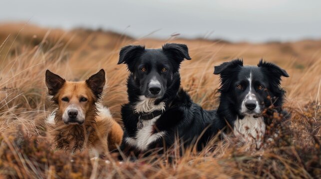 Three amicable dogs resting in a field