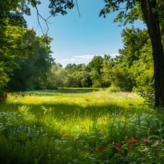 Idyllic Summer Meadow with Blooming Wildflowers and Sunlit Green Landscape Reflecting Nature's Tranquility