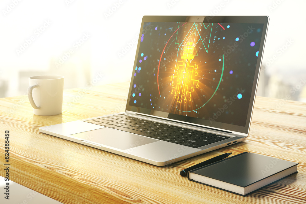 Poster Creative idea concept with light bulb and microcircuit illustration on modern laptop screen. Neural networks and machine learning concept. 3D Rendering