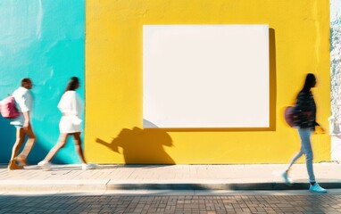 Bright Beach Boardwalk Scene with Motion-Blurred Passersby and Vibrant Blank Billboard for Mockups